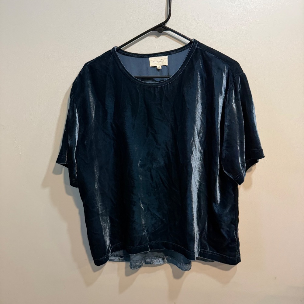 Melloday Womens Teal Blue Velvet Short Sleeve Boxy Tee Top CKT227013-RM Size M
